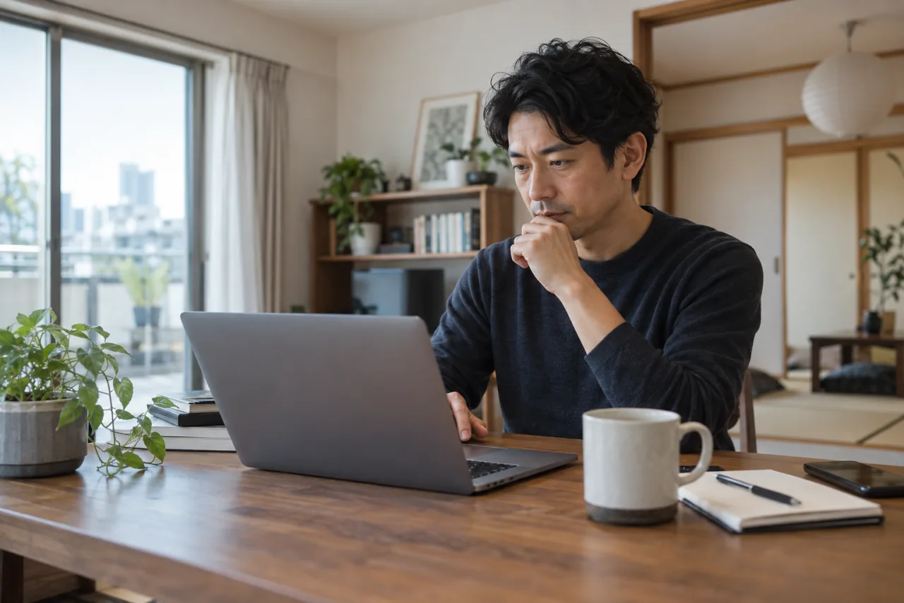 勤務地や職種の条件を転職サイトで絞り込む40代の日本人男性