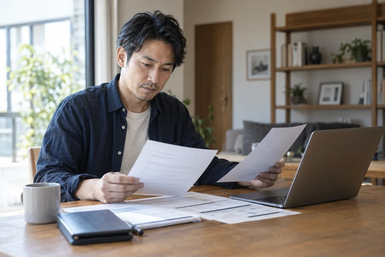 履歴書と職務経歴書を転職サイト登録用に整える40代の日本人男性