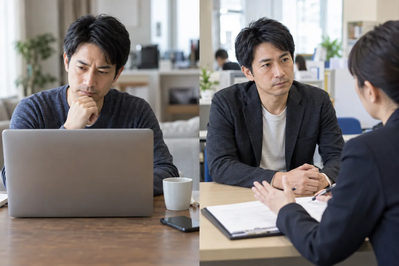 転職サイトと公的な相談窓口の違いを比較する40代の日本人男性