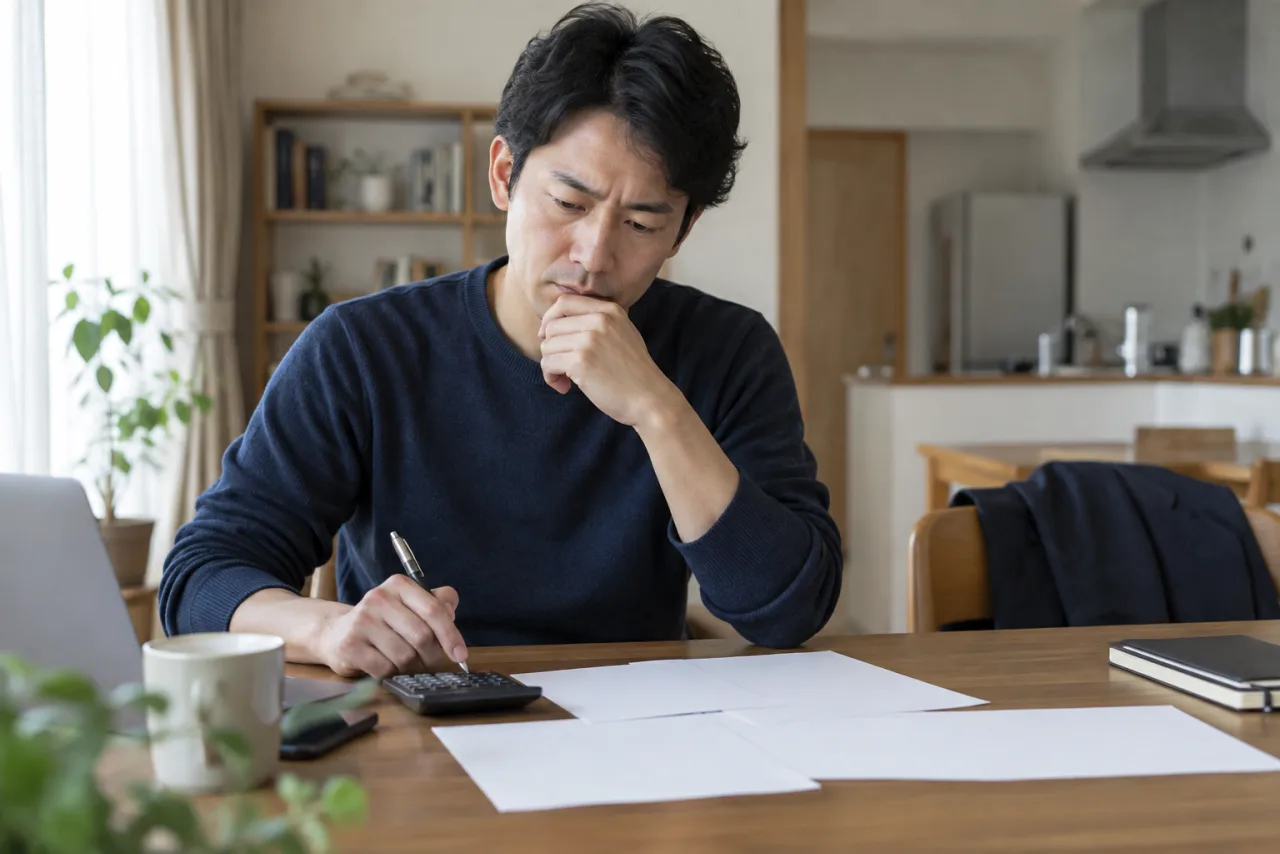 転職後の手取りと通勤費を計算する40代の日本人男性