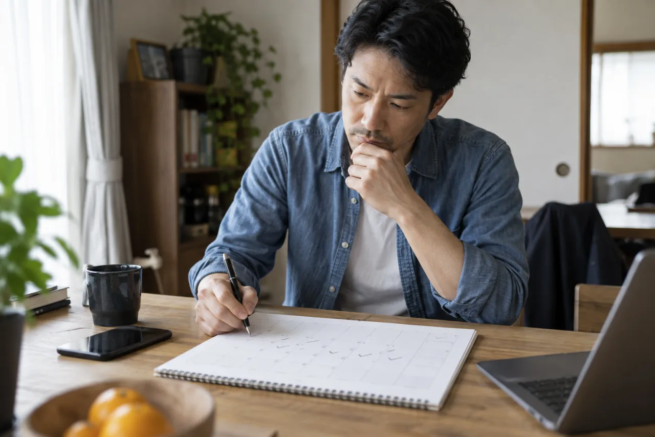 一週間の転職サイト利用計画をカレンダーに整理する40代の日本人男性