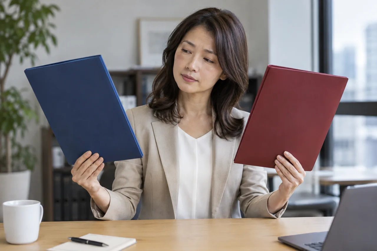 日本人の求職者が求人票と取材担当者のコメントを照らし合わせて確認している場面