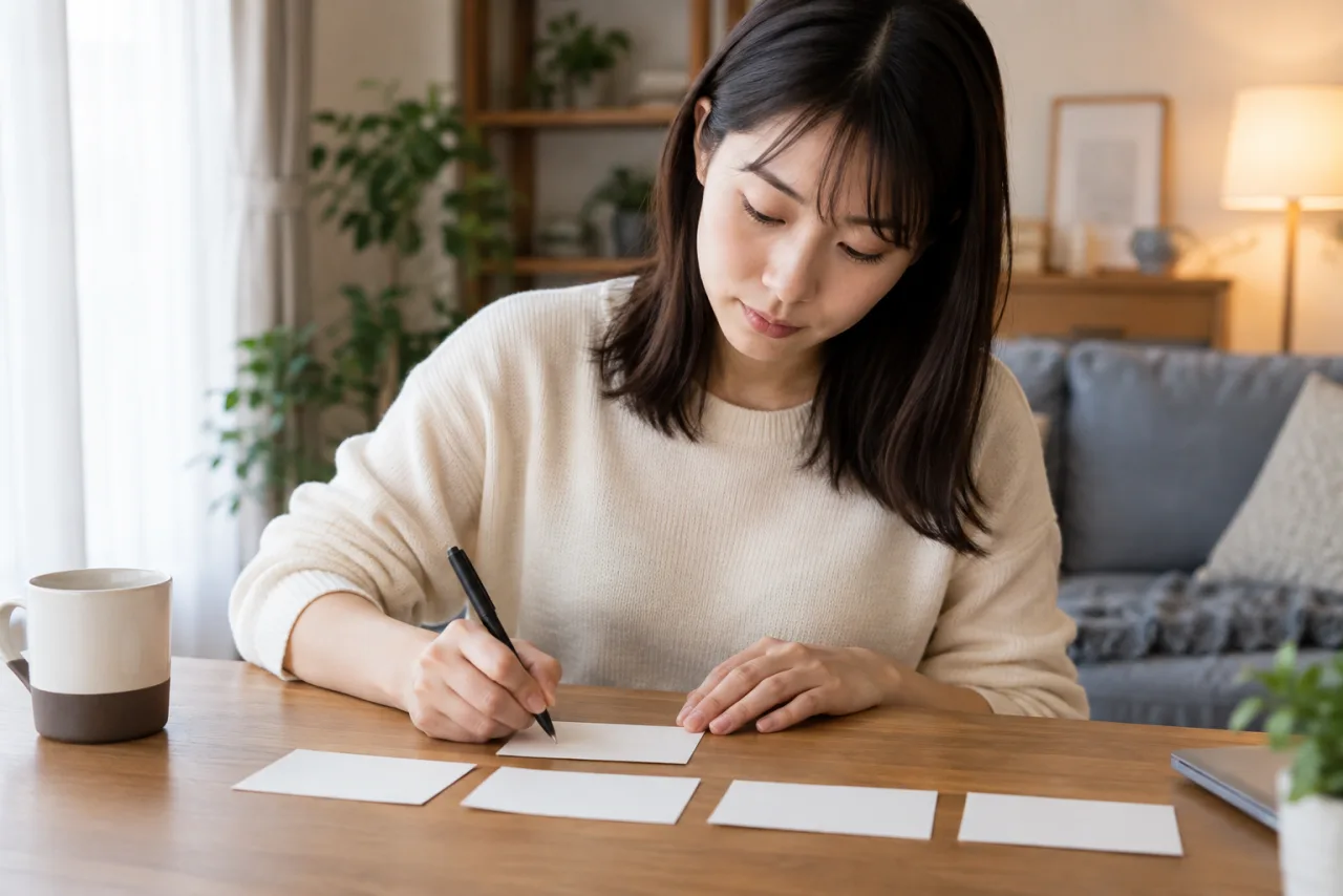 日本人の求職者が企業クチコミを時期や部署と照合し質問を作っている場面