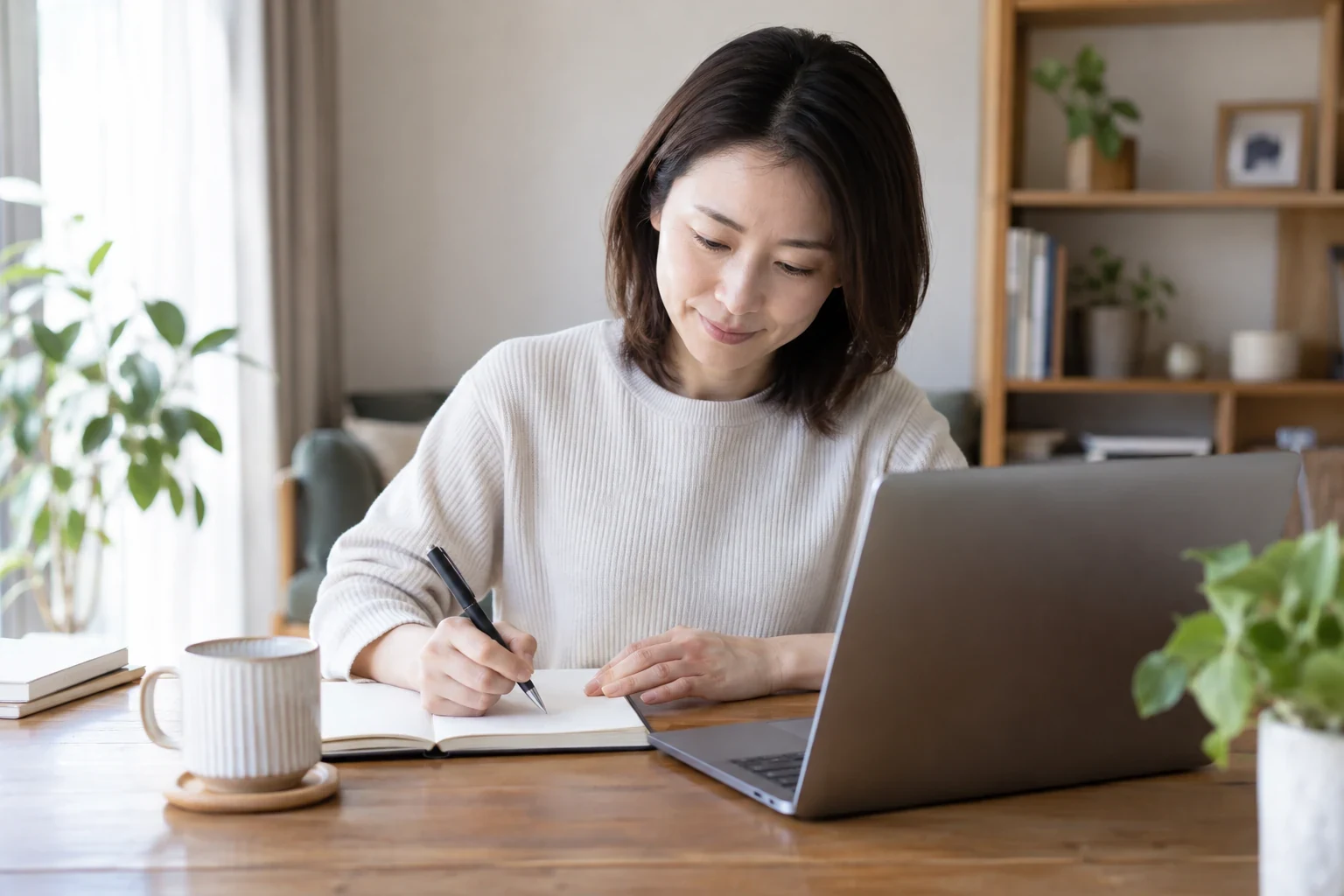 日本人女性が子どもの予定と仕事探しの条件をノートに整理する様子
