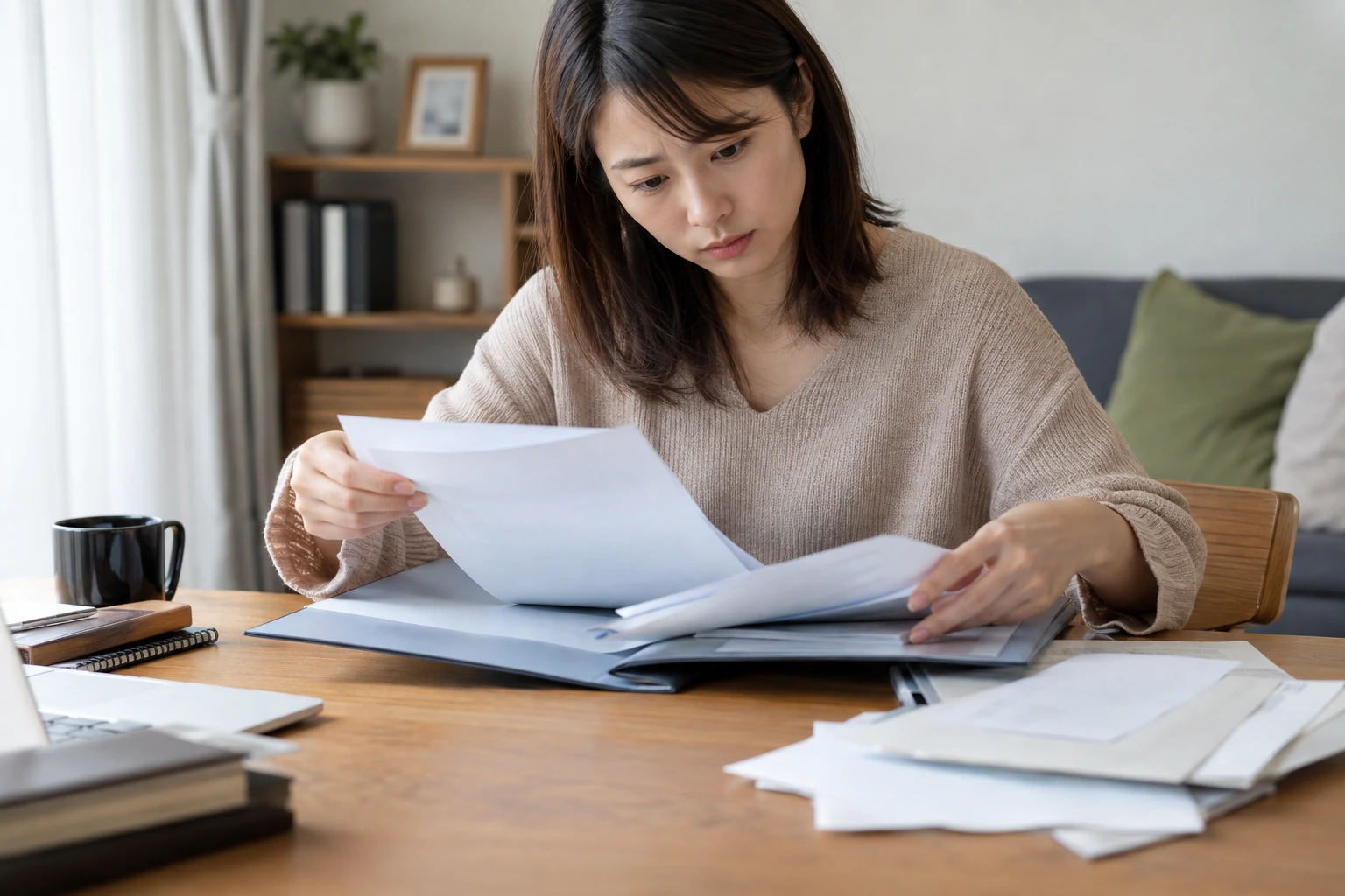 雇用契約書で週の所定労働時間と契約期間を確認する女性