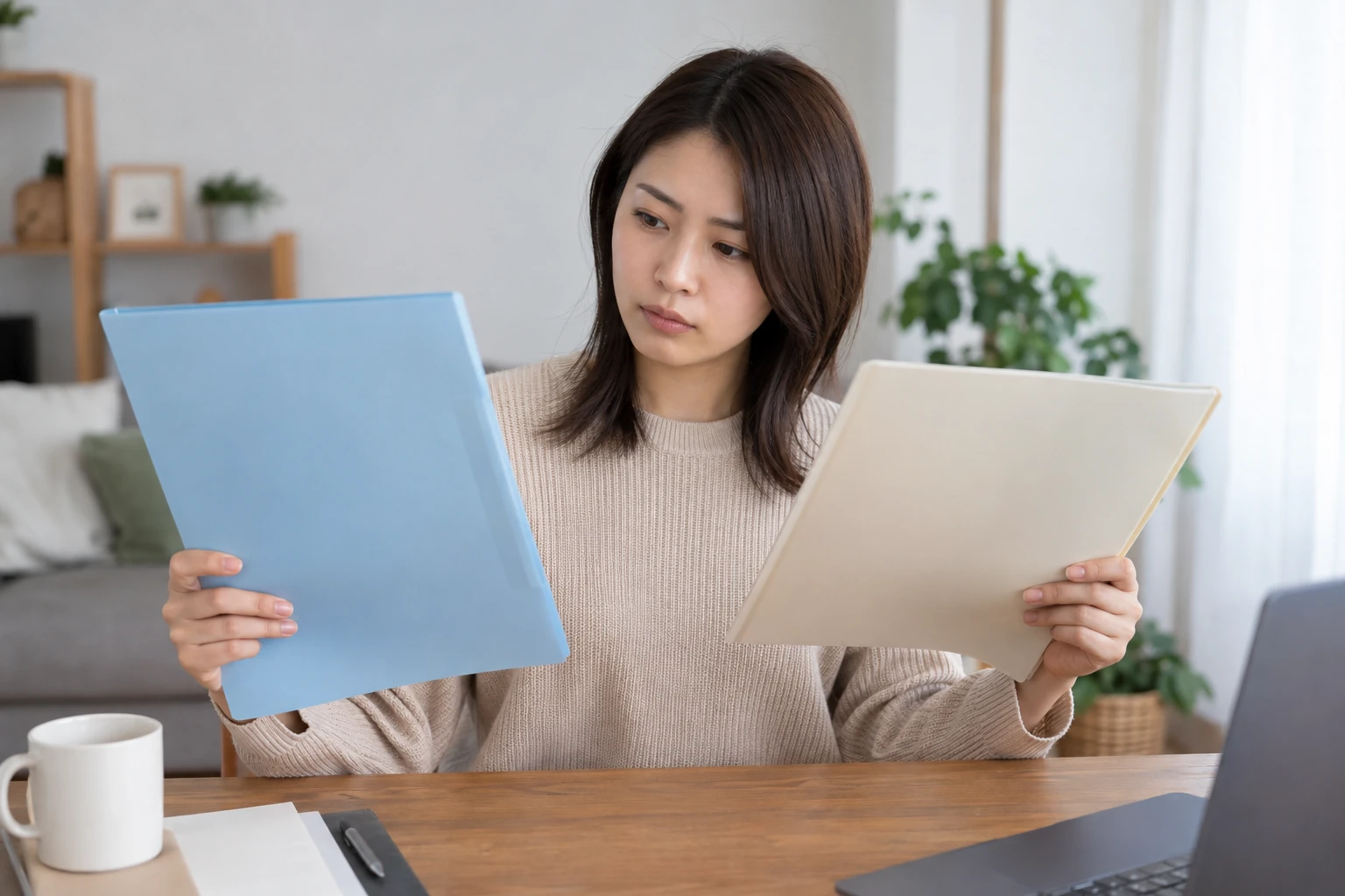 雇用保険と健康保険の書類を分けて確認する女性