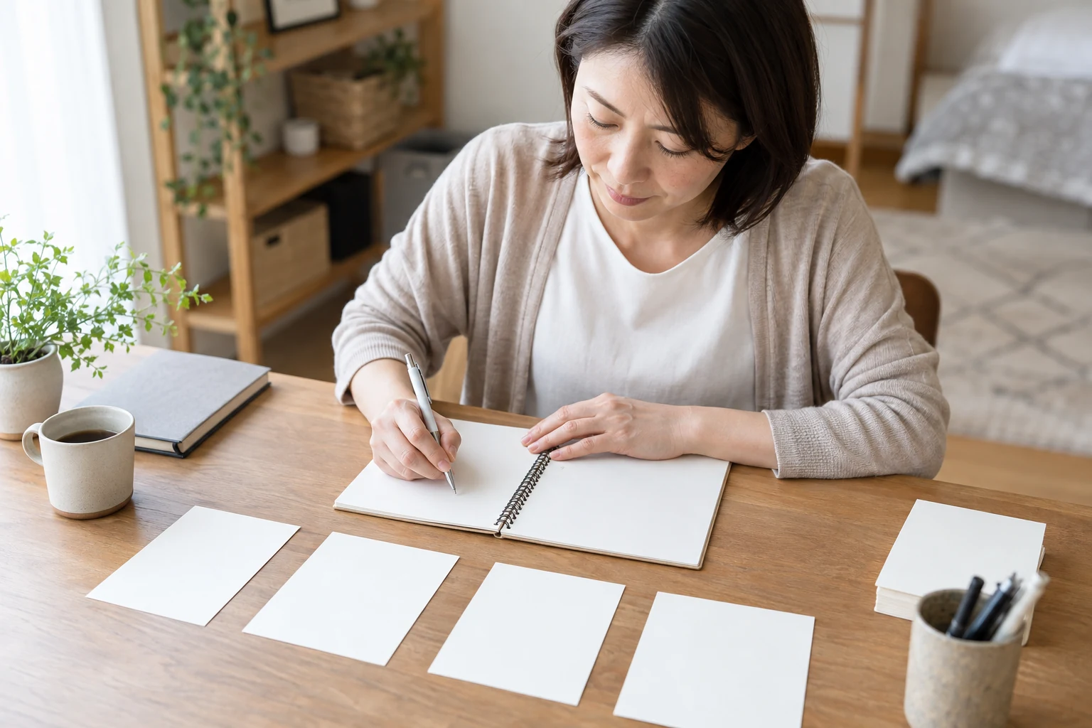 日本人女性がハローワーク求職登録に必要な情報をメモする