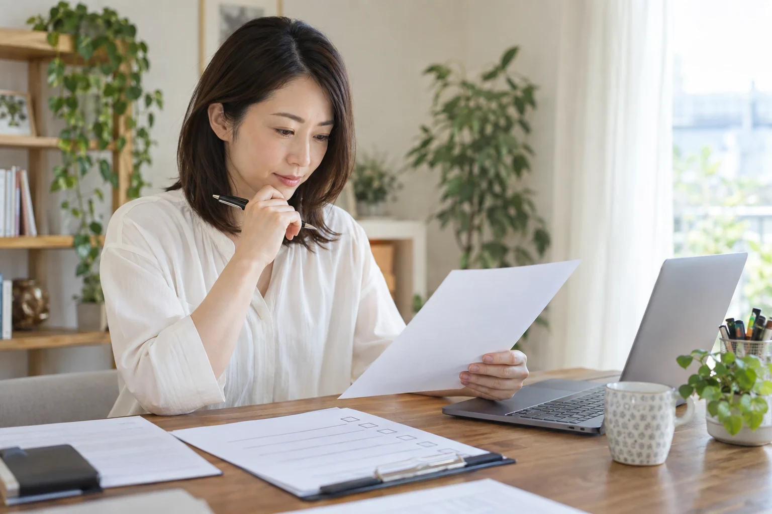 日本人女性がSPIなどの適性検査の名称と能力と性格の構成を確認している様子