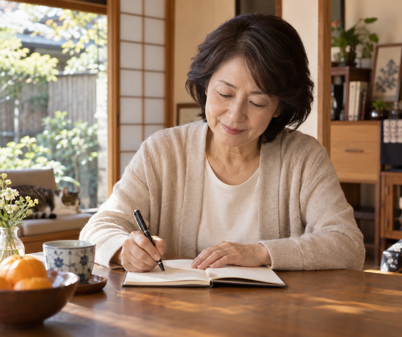 日本人の60代女性がノートに望む関係を書き出す様子