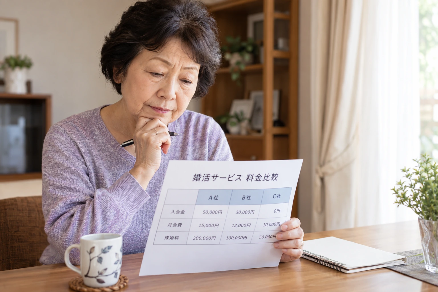 日本人のシニア女性が婚活サービスの料金表を確認する様子
