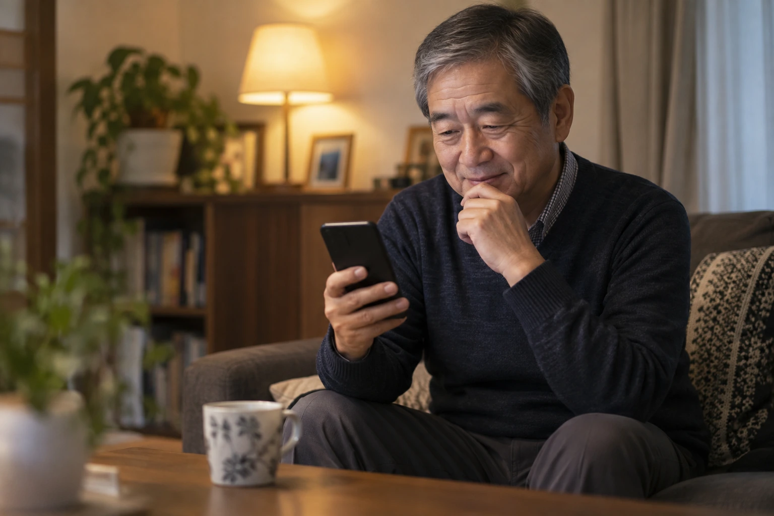 日本人のシニア男性がスマートフォンで婚活のメッセージを確認する様子
