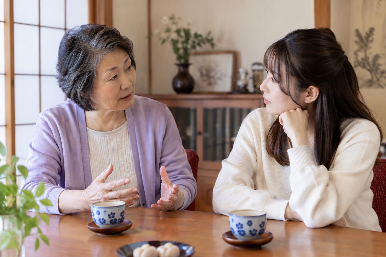 日本人のシニア女性が家族と交際の条件を相談する様子