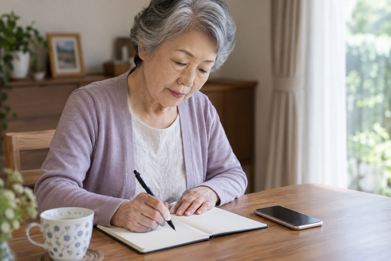 日本人のシニア女性が丁寧に断るメッセージを書く様子