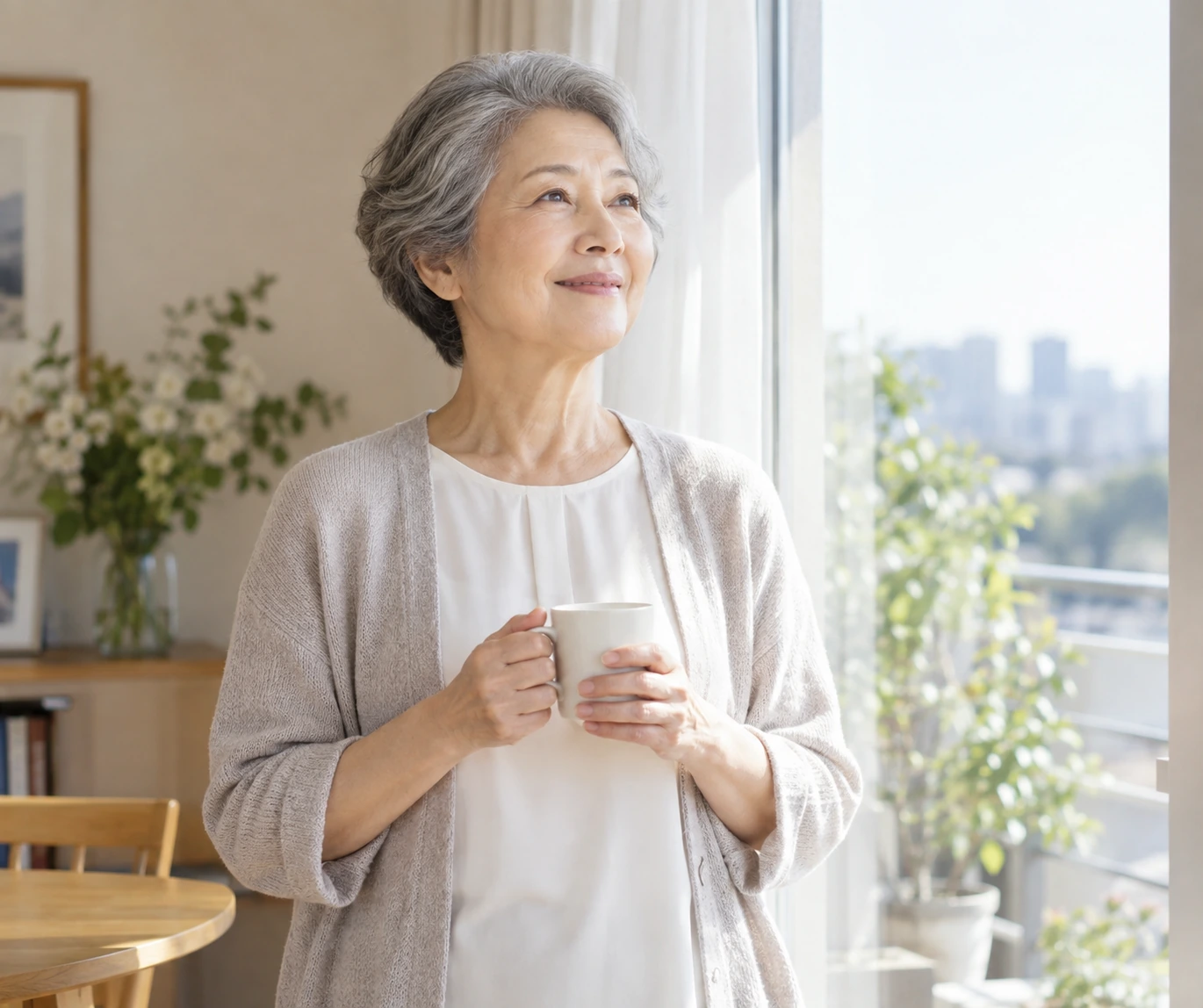 日本人のシニア女性が安心できる関係を考えて窓辺に立つ様子