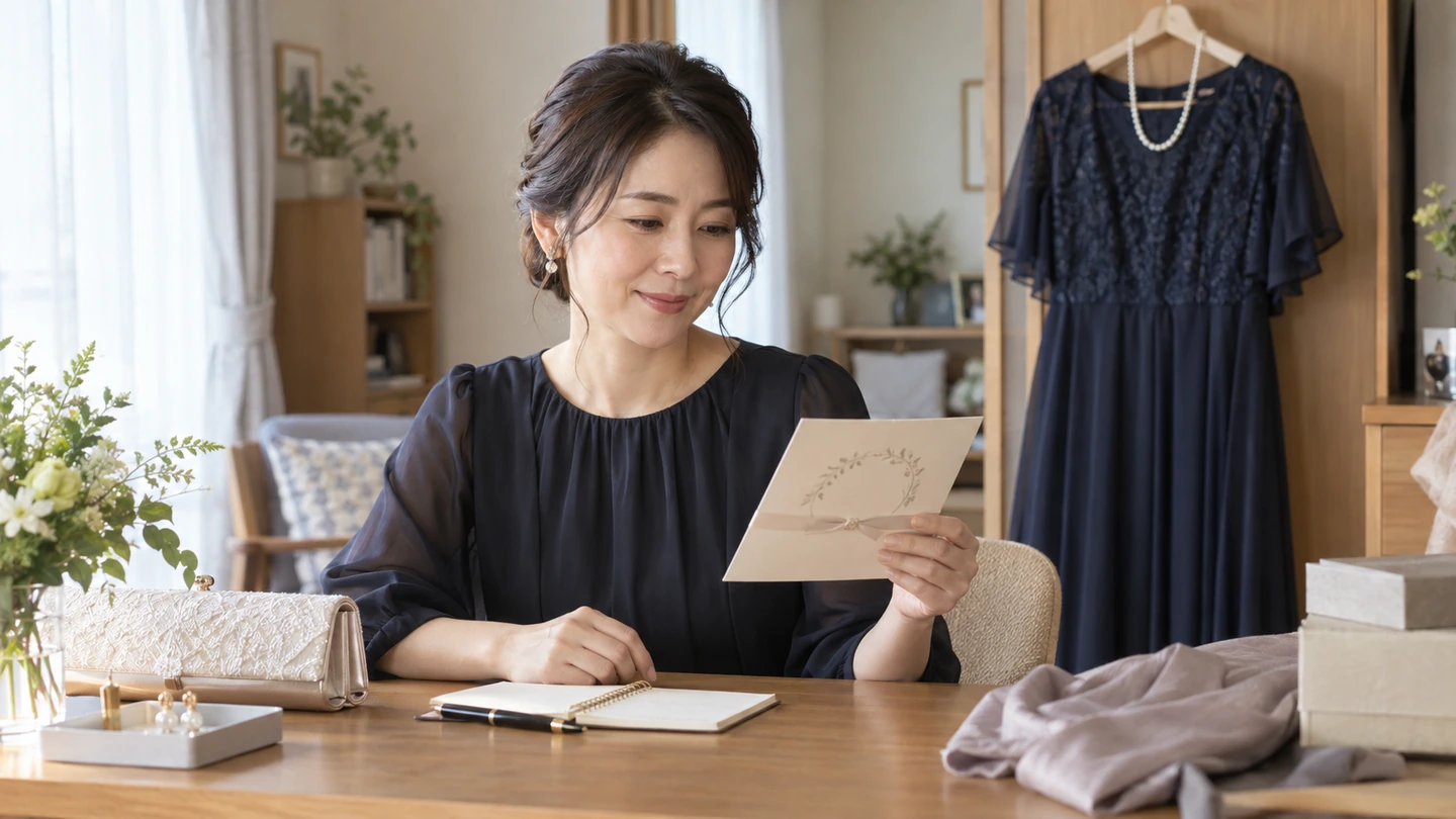 結婚式の招待状とゲスト用ワンピースを見比べる40代の女性