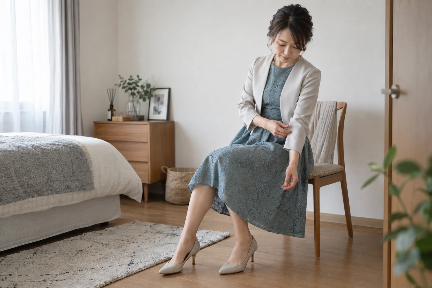 結婚式用の服と靴を合わせ、椅子に座って着心地を試す女性