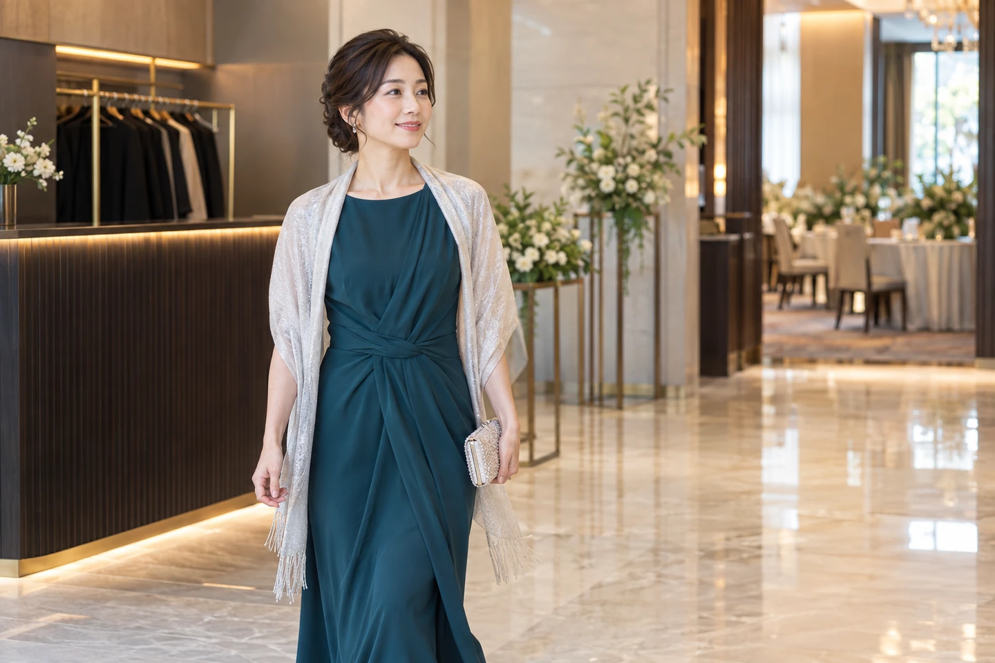 結婚式会場に一人で到着し、受付へ向かう女性