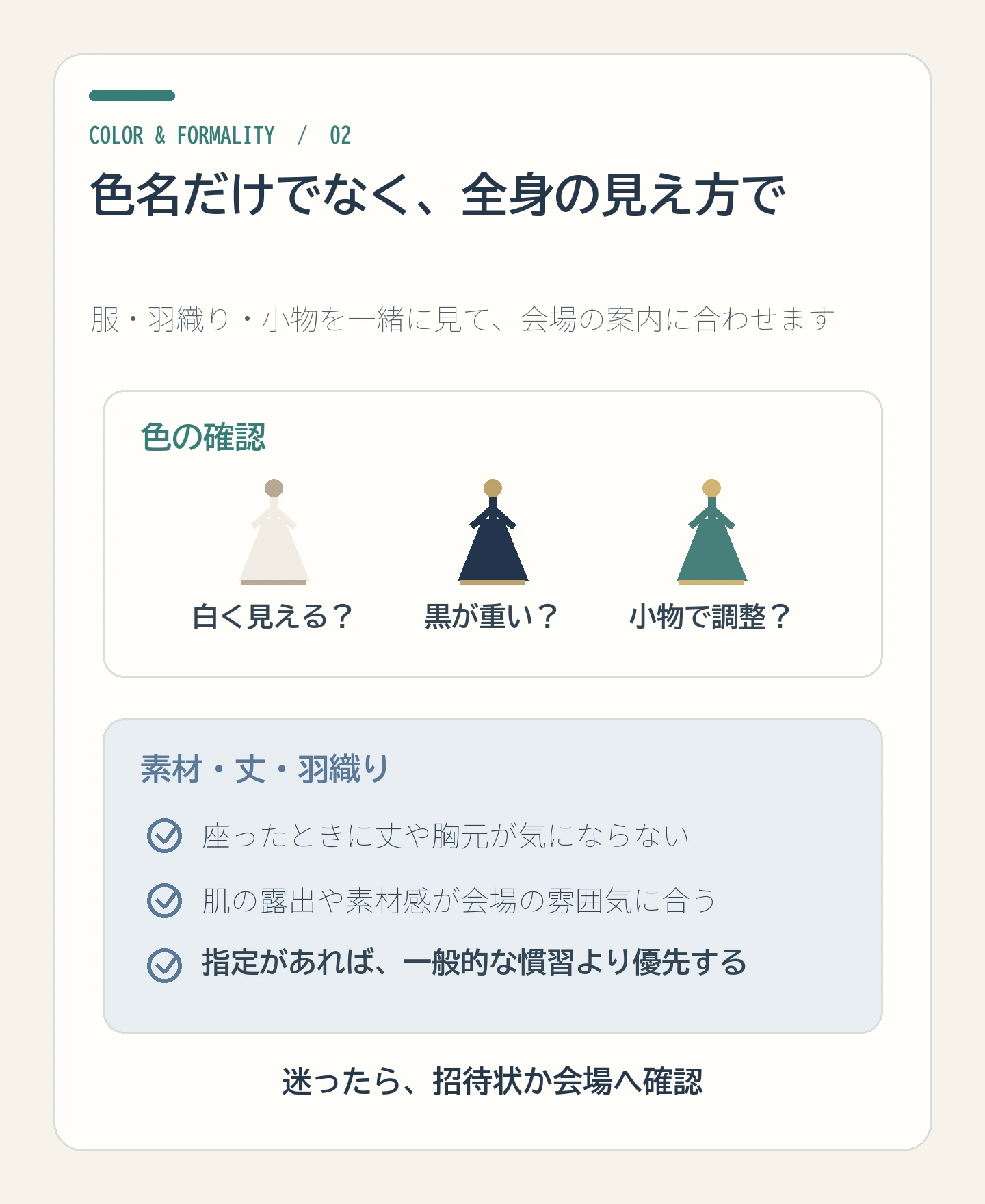 色の見え方、素材や丈、会場指定を全身で確かめる服装チェック図