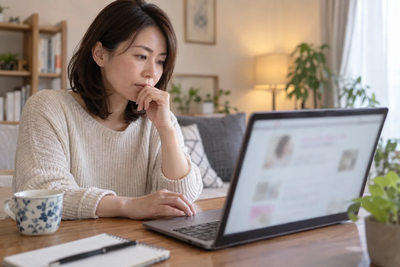 自宅で婚活ブログを読む女性