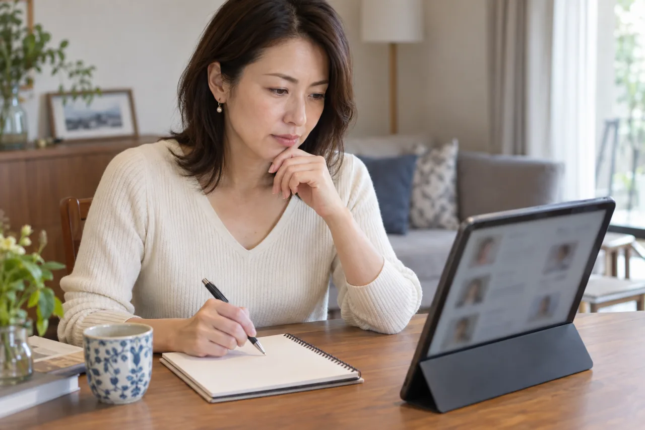 婚活の体験談をタブレットで比較する女性