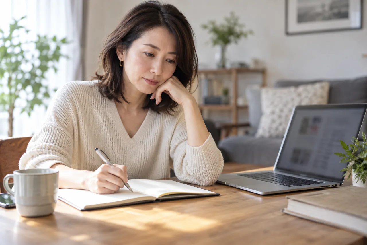 自分の婚活条件をノートに整理する女性