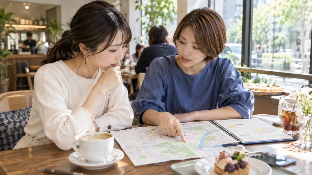 日本人女性がオンライン婚活の安全確認項目をチェックしている様子