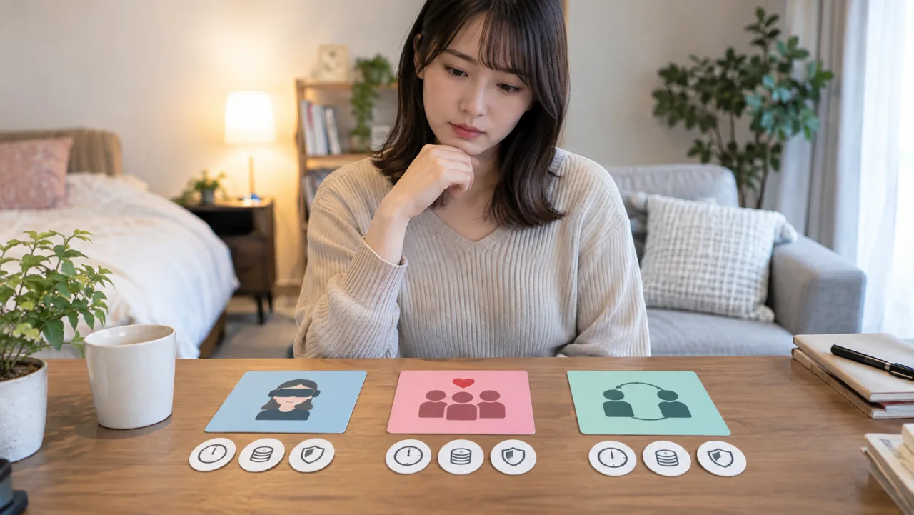 日本人女性がスマートフォンの婚活相手からの連絡を確認し送金しないとメモしている様子