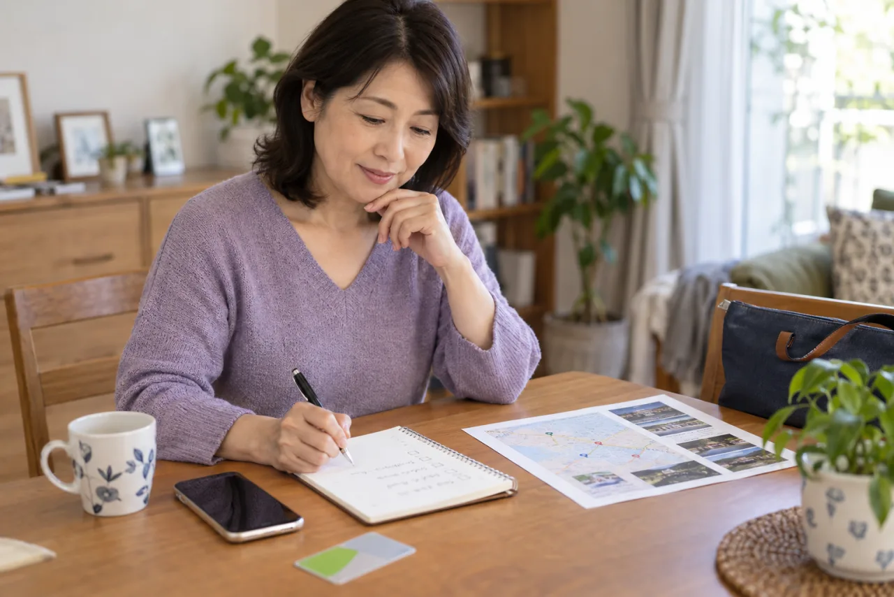 日本人女性が初対面の場所と帰宅方法を安全チェックとして整理している