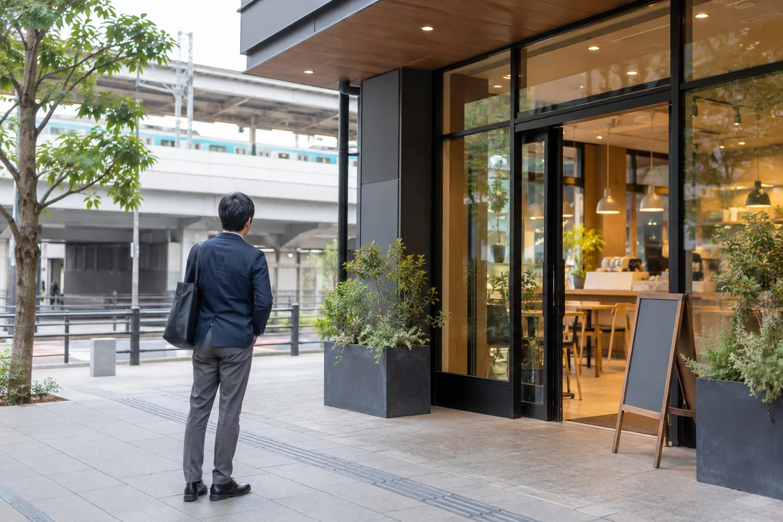 駅近くの明るい公共のカフェ入口を、初対面前に確認する男性の後ろ姿