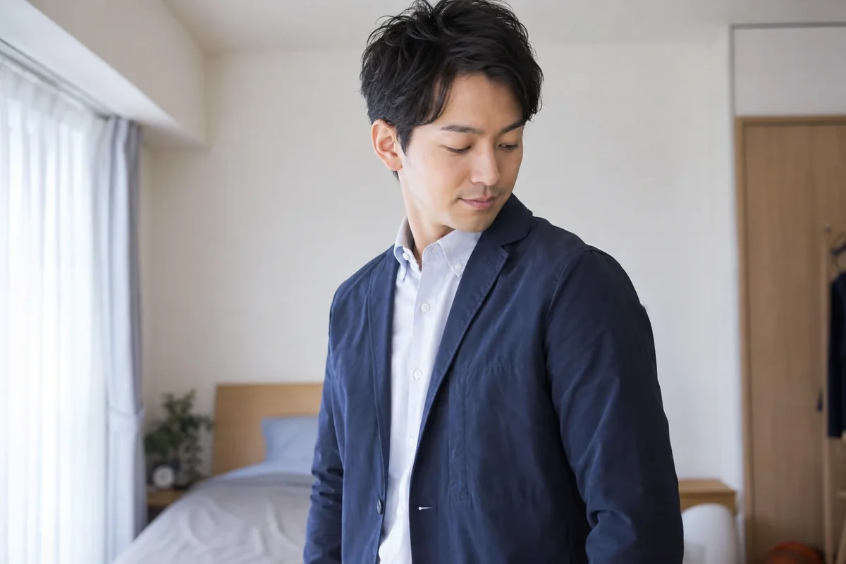 ジャケットと襟付きシャツの肩幅と袖丈を確認する日本人男性