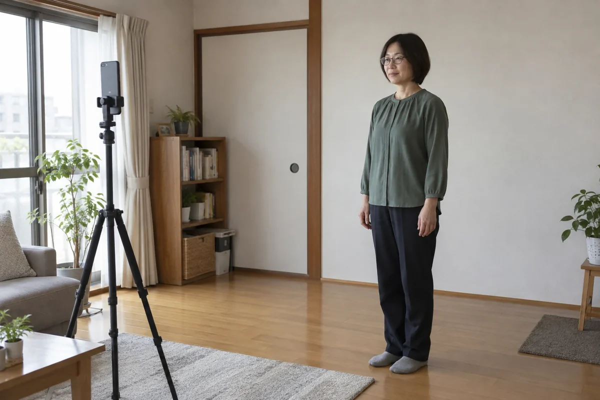 スマートフォン三脚の前に立ち、全身が入る距離を確認する日本人女性