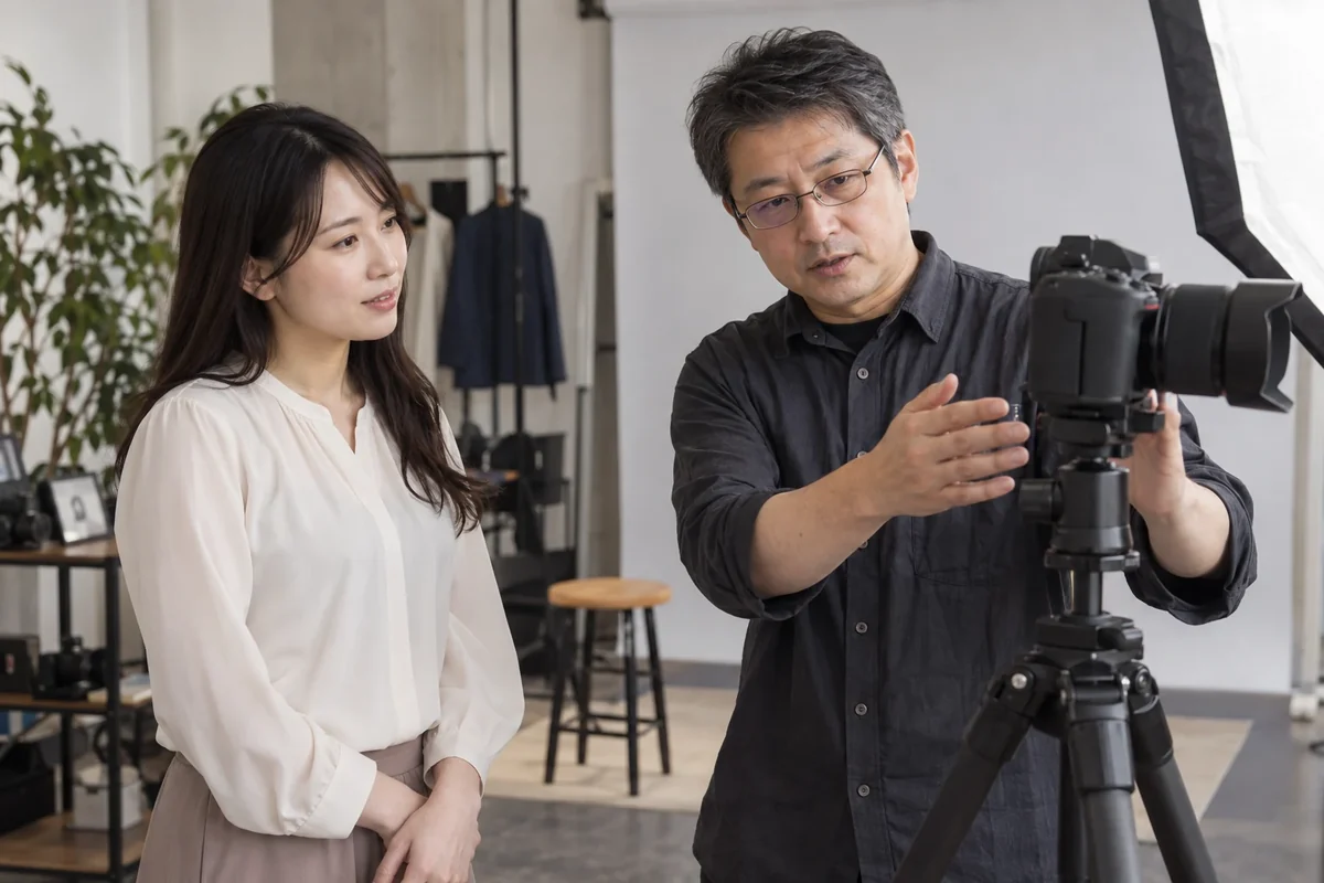 日本人の撮影者がプロフィール写真を撮る前に、被写体と画面の構図を確認する