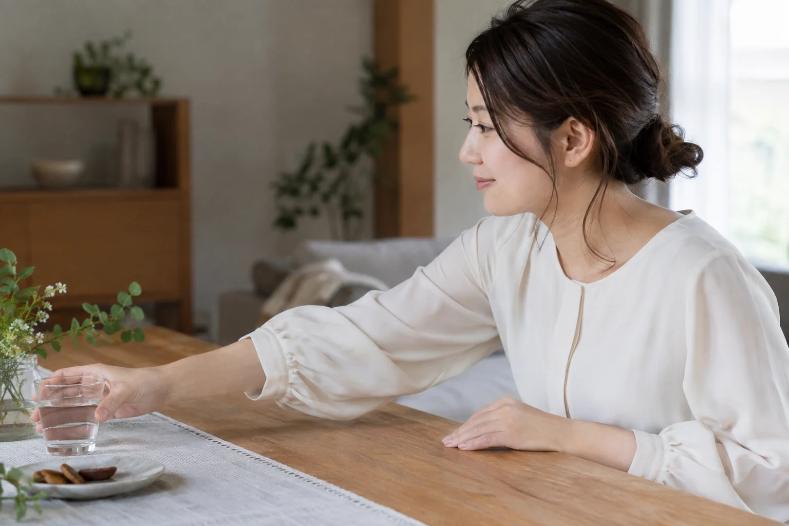 ブラウスを着たまま手を伸ばし、袖と肩の動きやすさを試す