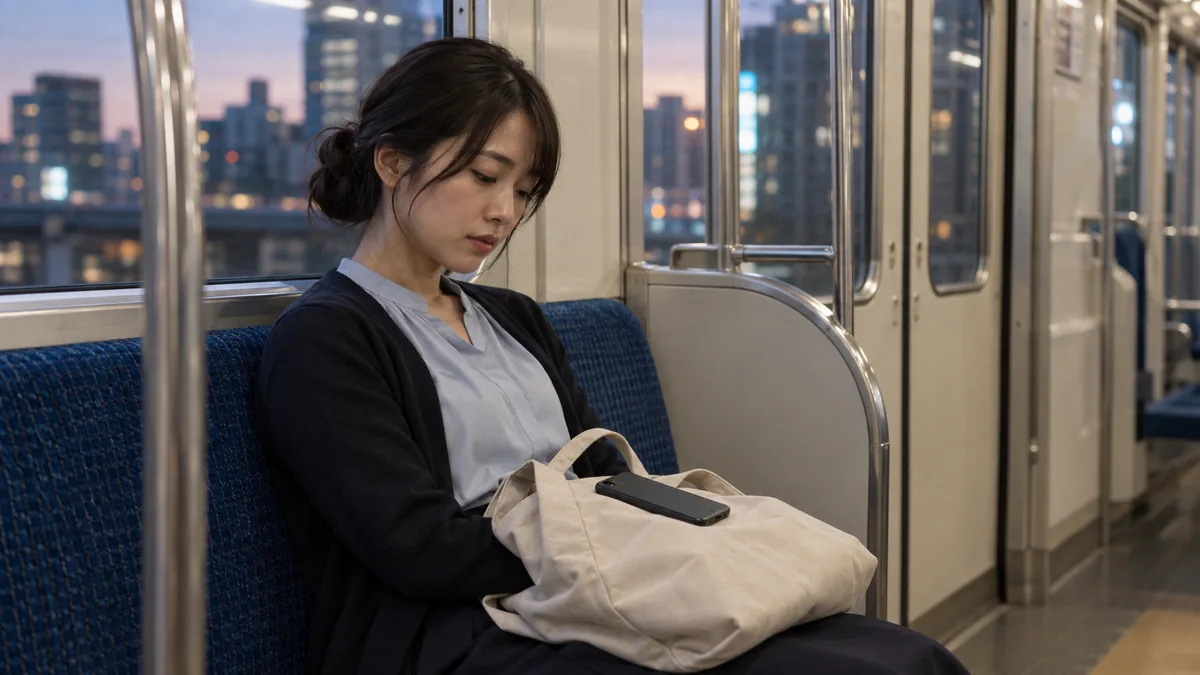 帰りの電車でスマートフォンを伏せて休む日本人女性の編集イメージ