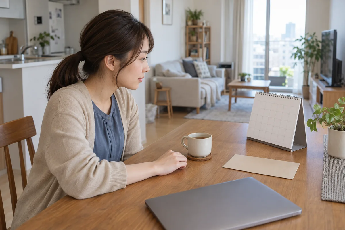 一人暮らしの部屋でカレンダーを見ながら予定と気持ちを見直す日本人女性の編集イメージ