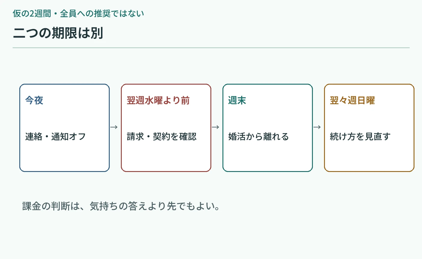 今夜、次回請求日前、婚活しない週末、二週間後の見直しを分けた葵の架空の予定図