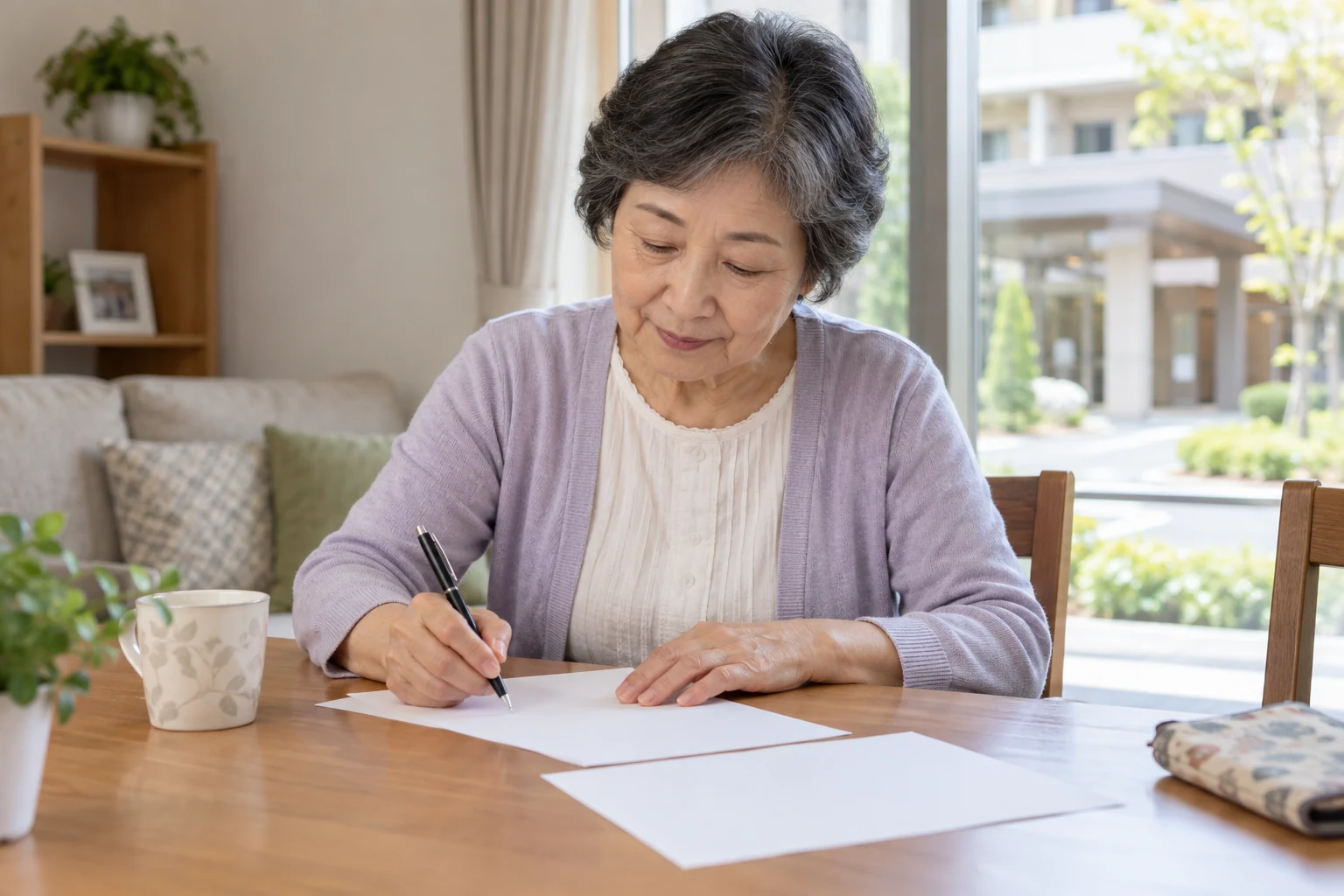 日本人女性が有料老人ホームの見学前に希望条件を書き出す