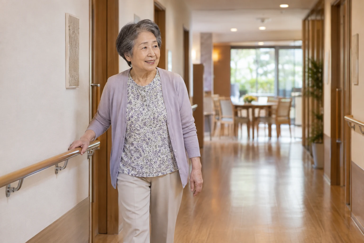 日本人女性が有料老人ホームの居室から食堂までの動線を見学する