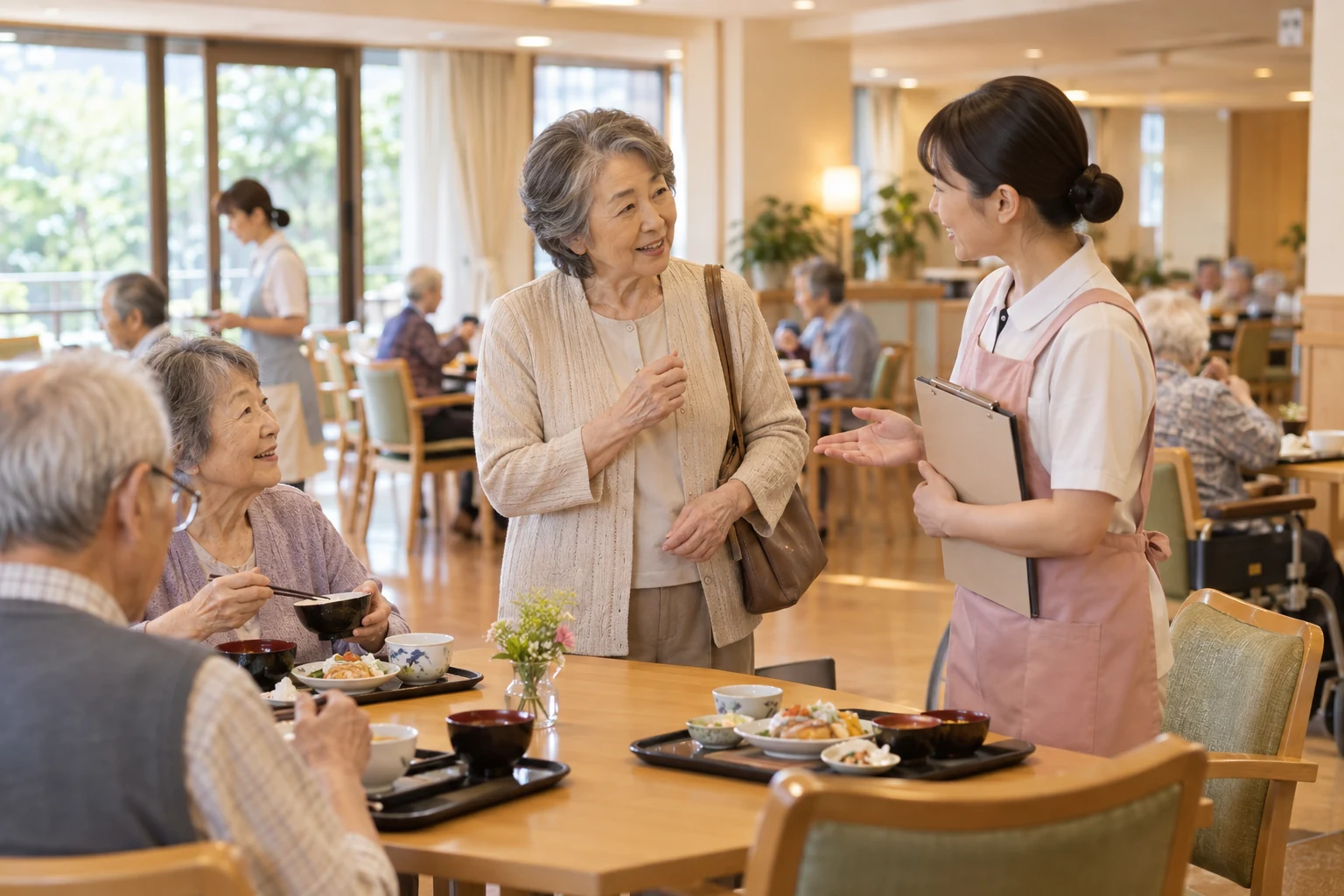 日本人女性が有料老人ホームの食事と面会の条件を確認する