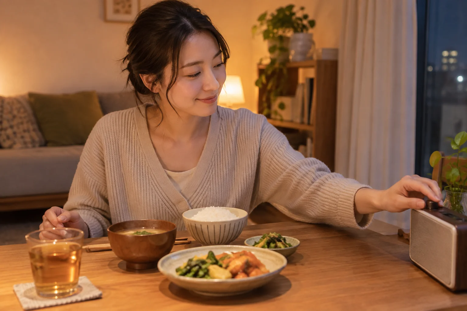 日本人女性が一人分の夕食を前にラジオをつけている