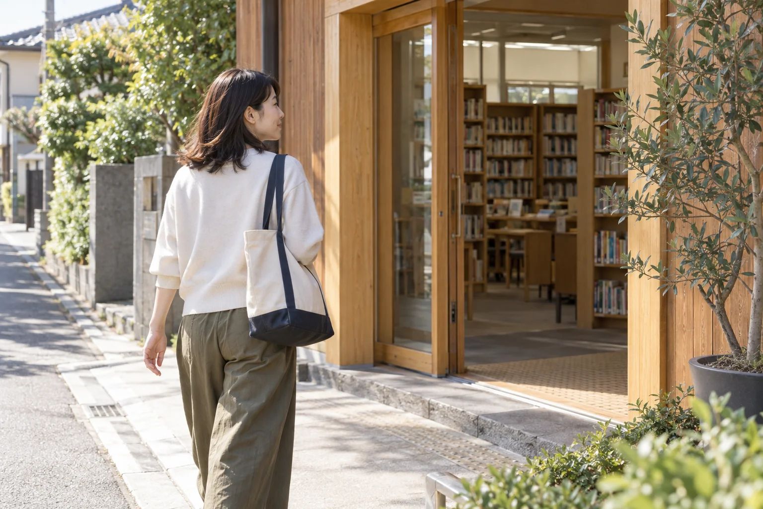 日本人女性が近所の図書館へ短い外出をしている