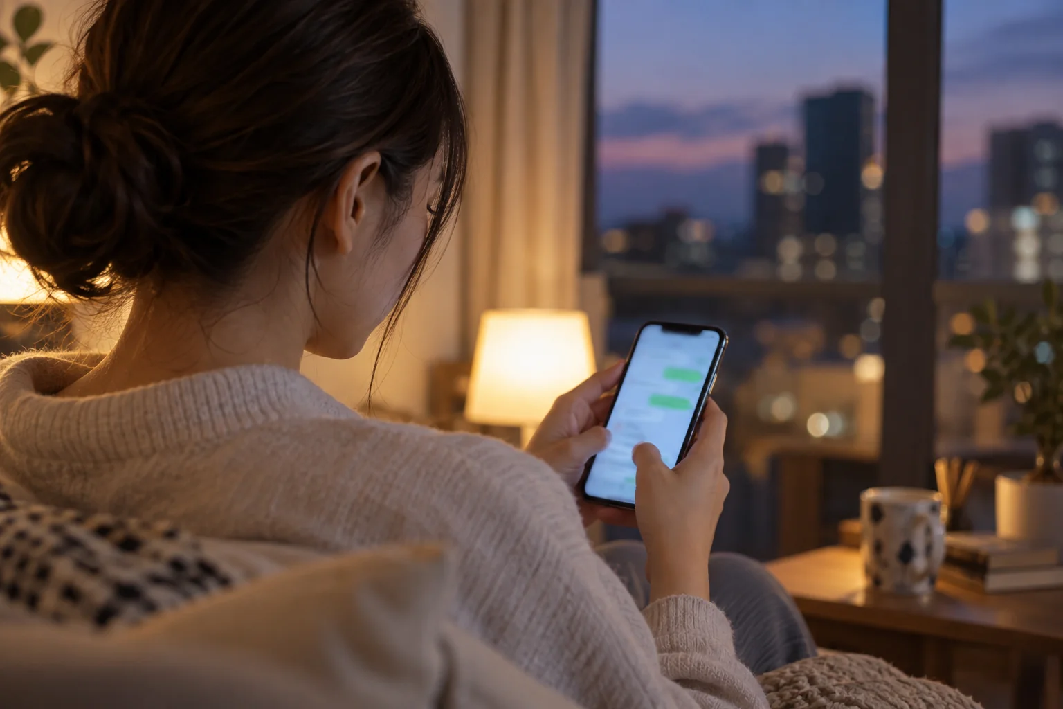 日本人女性が友人に短いメッセージを送っている