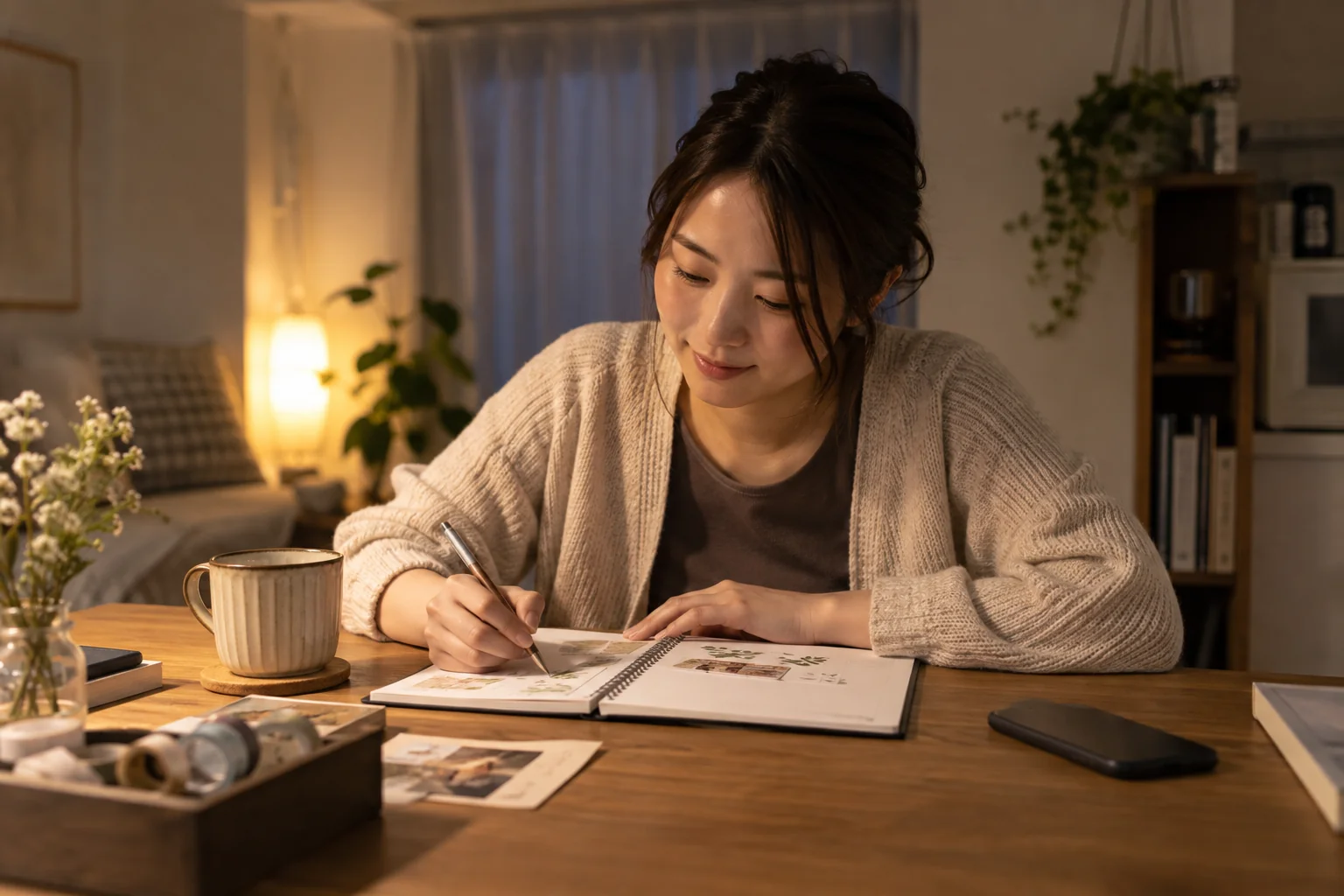 日本人女性がスマートフォンを伏せてスケッチをしている