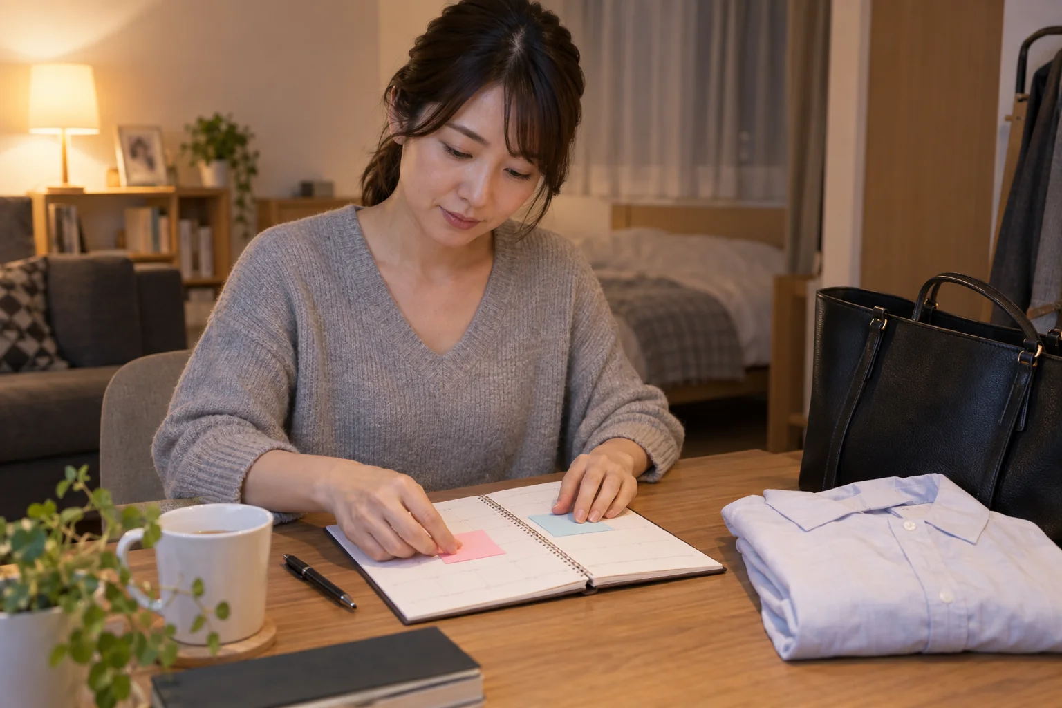 日本人女性が日曜夜に翌週の休息と連絡予定を分けている