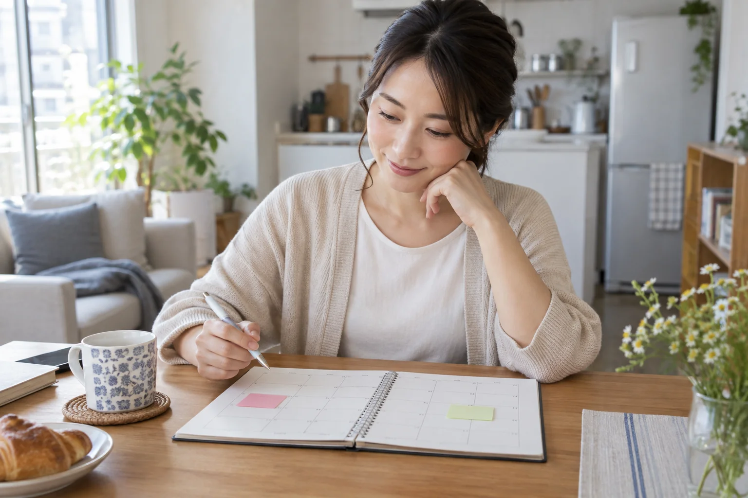 日本人女性が週末の外出と休息をカレンダーに置いている