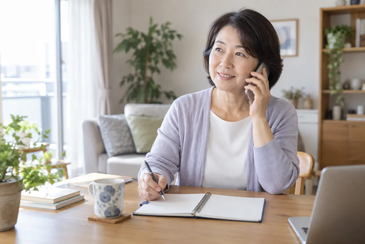 日本人女性が自宅から相談窓口へ電話し確認したいことをノートに書いている