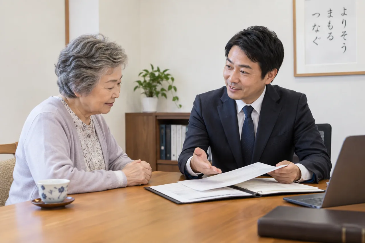 日本人の相談者が専門家から支援契約の説明を受けている