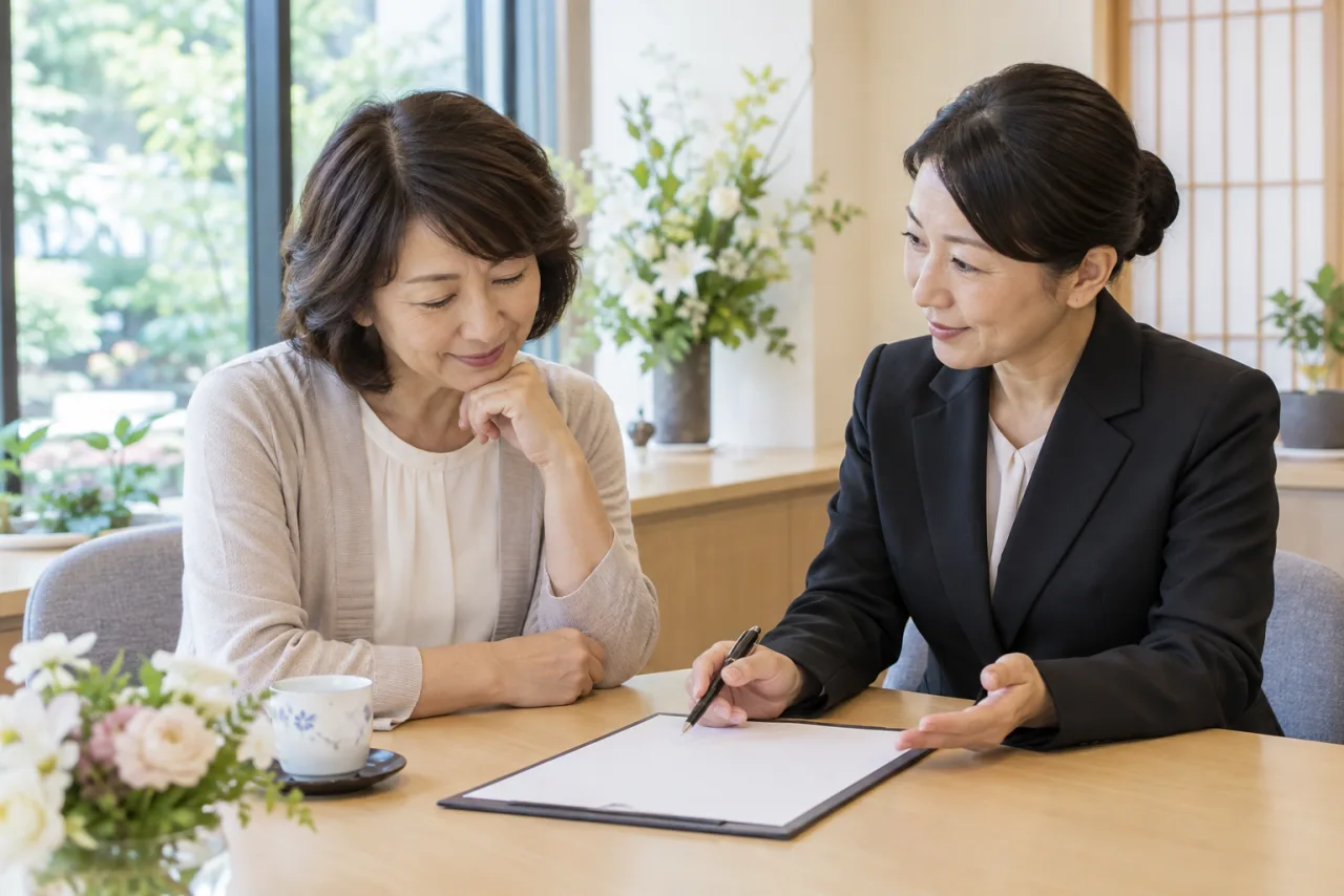 日本人女性が相談員と葬送やこれからの希望について話している