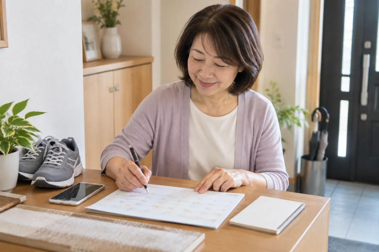 日本人女性が一週間の行動計画をカレンダーに書き込んでいる