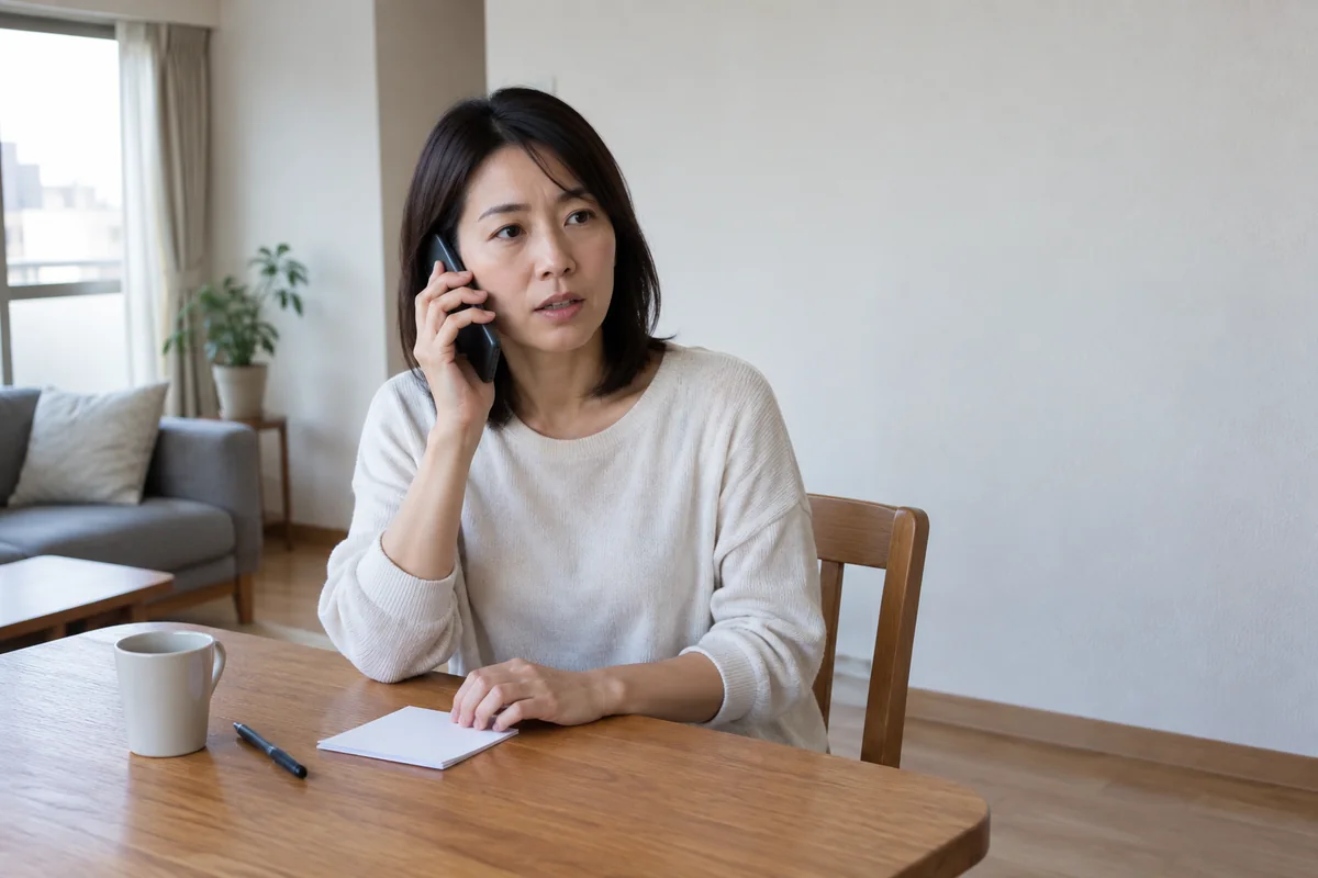 一人暮らしの自宅から最初の問い合わせ電話をかける日本人女性の編集イメージ